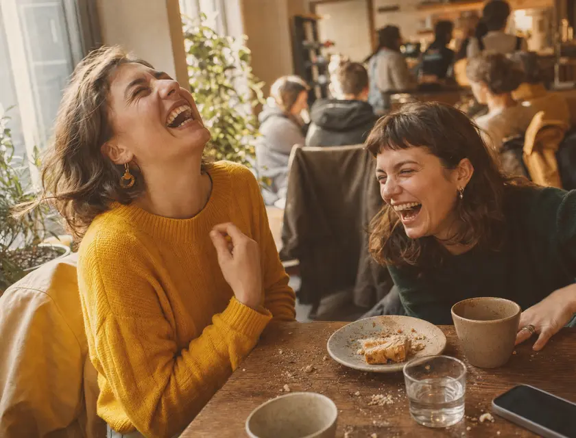 Doi prieteni râd la masă, firimituri și ceșcuțe între ei
